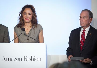 Cathy Beaudoin, President of Amazon Fashion, speaks as Mayor Bloomberg looks on during opening of Amazon Fashion Studio in Brooklyn