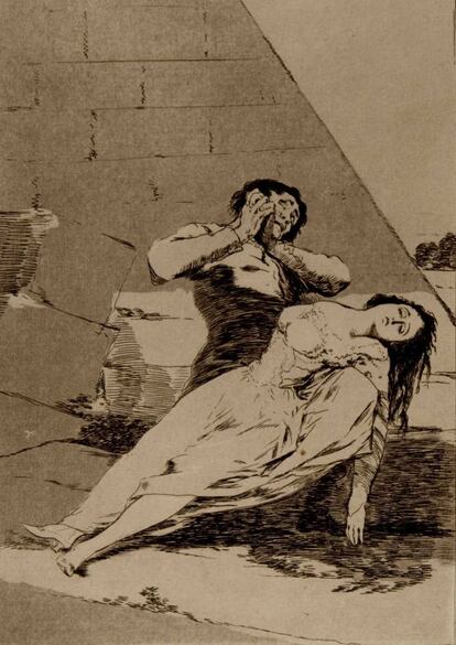 Aguafuerte, aguatinta bruñida con retoques a punta seca sobre papel hecho a mano, de Francisco de Goya, 1855. Conjunto completo compuesto por 80 grabados, más portada original correspondientes a la segunda edición. Propiedad del Ateneo.