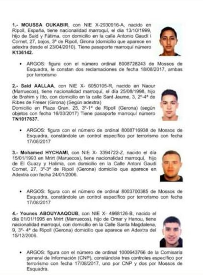 Informe amb les fitxes policials dels quatre sospitosos. L'últim és Younes Abouyaaqoub.