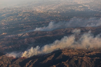 An aerial view of the Palisades and Eaton fires, the two major wildfires ravaging Los Angeles, taken on the afternoon of Saturday, January 11, 2025.