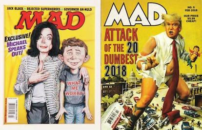 A la izquierda, Michael Jackson con 'Alfred E. Neuman', por Drew Friedman. A la derecha, Trump visto por Michael Koelsch.