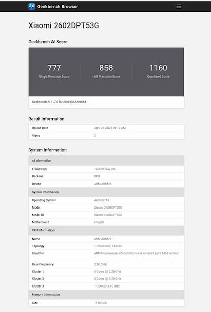 Resultados del Xiaomi 17T en Geekbench