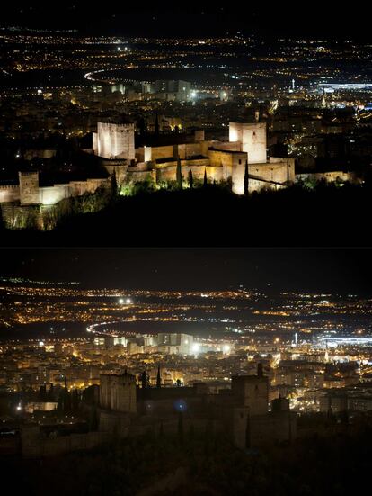 En las imágenes se muestra la Alhambra de Granada con y sin iluminación como parte de la campaña de sensibilización sobre el cambio climático global "La Hora del Planeta", en Granada.