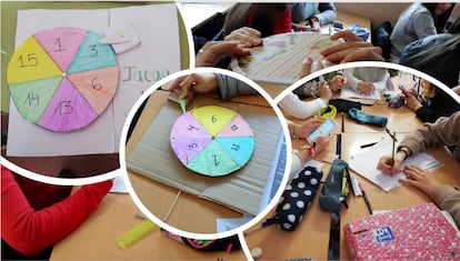 Una de las actividades del Proyecto #LebrijaSostenible para reforzar el aprendizaje de los ODS: Cada grupo tenía que diseñar una ruleta con material reciclado donde incorporar las preguntas que habían planteado anteriormente sobre los objetivos trabajados