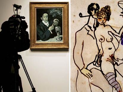 Arriba, un periodista ante <i>El bebedor de absenta</i>, de Picasso. A la derecha, dibujo de Picasso de 1902 de Fernández Soto con una mujer.