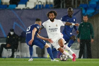 Marcelo, en la ida de las semifinales de la Champions contra el Chelsea, en Madrid.