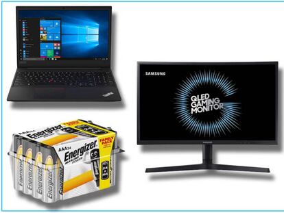 De izquierda a derecha: portátil Lenovo, pack de 24 pilas Energizer, monitor curvo Samsung, auriculares Bang & Olufsen y disco duro Seagate.