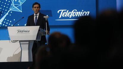 José María Álvarez-Pallete, presidente de Telefónica, en la última junta de accionistas.
