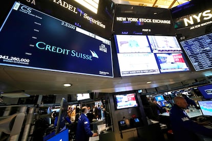 Traders work on the floor of the New York Stock Exchange (NYSE) during morning trading on March 15, 2023 in New York City.