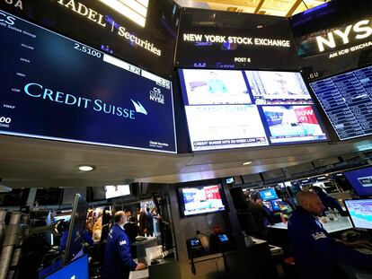 Traders work on the floor of the New York Stock Exchange (NYSE) during morning trading on March 15, 2023 in New York City.