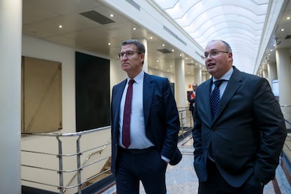 Miguel Tellado (derecha) y Alberto Núñez Feijóo, el pasado día 10 en el Senado.