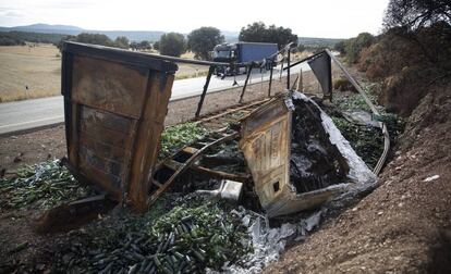 Camión calcinado después de volcarse el pasado agosto en la N-430.