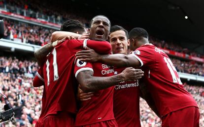 Wijnaldum celebra el primer gol del Liverpool al Middlesbrough.