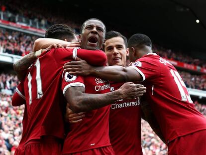 Wijnaldum celebra el primer gol del Liverpool al Middlesbrough.