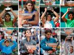 Paris (France), 11/10/2020.- A composite image shows Spanish tennis player Rafael Nadal as he celebrates his victories at the French Open tennis tournament through the years, in Paris, France. Rafael Nadal on 11 October 2020 won his 13th French Open title (picture right) after 2005, 2006, 2007, 2008, 2010, 2011, 2012, 2013, 2014, 2017, 2018 and 2019 (top L to bottom R). (Tenis, Abierto, Francia) EFE/EPA/STAFF *** Local Caption *** 55261152