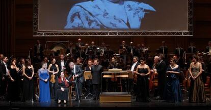 Montserrat Caballé durante el homenaje que se celebró ayer en el Teatro Real.
