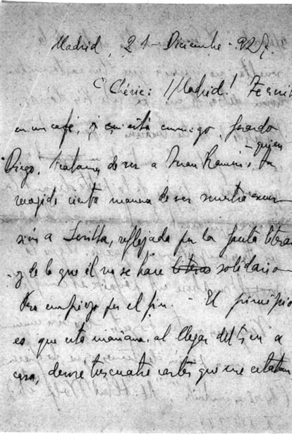 Carta del poeta Jorge Guillén a su esposa Germaine Cahen, datada el 21 de diciembre de 1927 en Madrid.