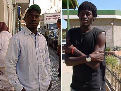 Los guineanos Yero Balde (izquierda) y Thierno Diolo, en una calle de Melilla y frente al CETI.