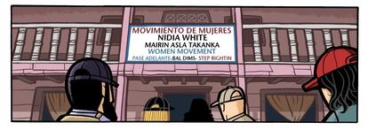 Viñeta que muestra la entrada al albergue Nidia White, donde las menores que han sido víctimas de abusos sexuales tienen una segunda oportunidad. "Es muy duro ver a niñas de diez años con sus bebés en brazos, algunas no pueden ni sonreír", explica Durán.