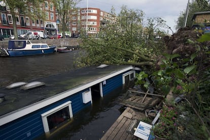 Árboles caídos sobre las casas flotantes del canal de Jacob van Lennepkade en Amsterdam.