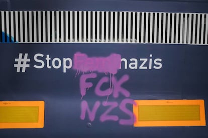 The bus was vandalized by activists in Barcelona.