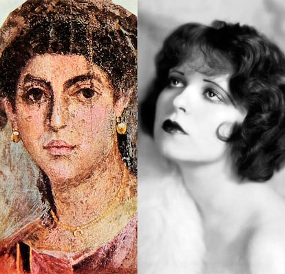 A la izda., retrato de una romana descubierto en Egipto, con sus cejas pobladas; a la dcha., la actriz Clara Bow y sus trazos extrafinos.