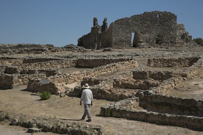 Un arqueólogo camina entre los restos de los comercios y casas nobiliarias que flanqueaban la vía principal de la ciudad visigoda de Recópolis.