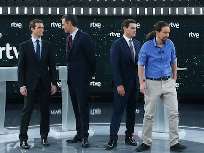 Debate en TVE con la participación de Pablo Casado, Pedro Sánchez, Albert Rivera y Pablo Iglesias, en 2019.