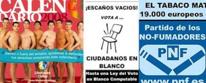 Carteles de tres partidos que se presentan a las próximas elecciones: Libertades Civiles, Ciudadanos en Blanco y el Partido de los No-Fumadores.