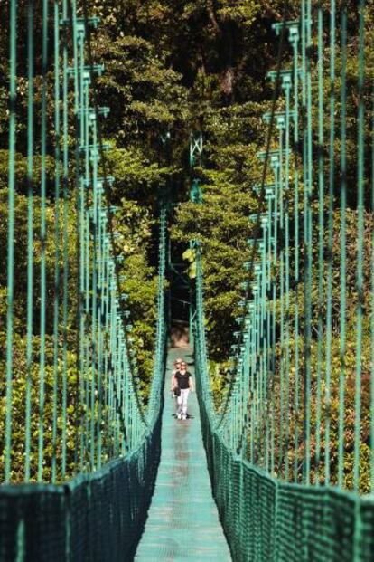 Puente colgante en la reserva del bosque nuboso de Monteverde (Colombia).