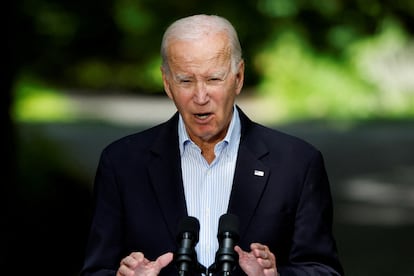 U.S. President Joe Biden speaks during a joint press conference at Camp David near Thurmont, Maryland, on August 18, 2023.