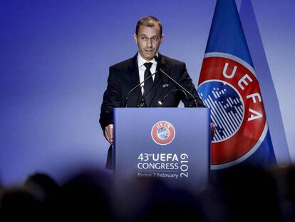 Alexander Ceferin, durante el congreso de la UEFA del pasado 7 de febrero en el que fue reelegido como presidente del fútbol europeo.