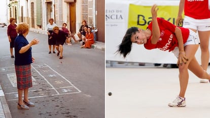 Desde la izquierda, unas mujeres juegan a la pilota valenciana en Murla en 2001; y Mar, en la final femenina de la LIga BAnkia  de "Raspall femení", en 2020. Sebastià Giner/ Kike Taberner