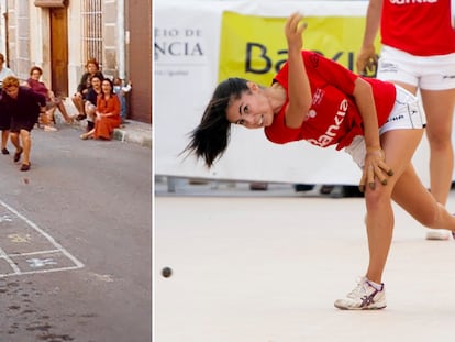 Desde la izquierda, unas mujeres juegan a la pilota valenciana en Murla en 2001; y Mar, en la final femenina de la LIga BAnkia  de "Raspall femení", en 2020. Sebastià Giner/ Kike Taberner