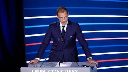 UEFA president Aleksander Ceferin speaks during the 48th UEFA Ordinary Congress in Paris, France, February 08, 2024.