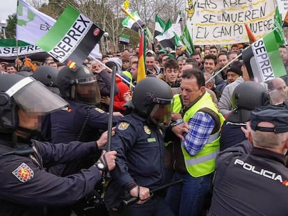 Enfrentamientos entre agentes y manifestantes en Don Benito (Badajoz), este miércoles.