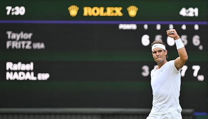 Nadal celebra un punto durante el partido contra Fritz.