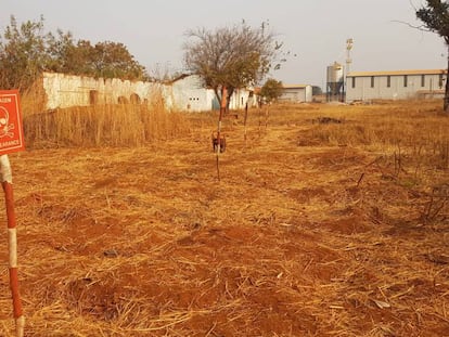 Uno de los terrenos visitados por las investigadoras en Angola, en el que aún se avisa de la presencia de explosivos.