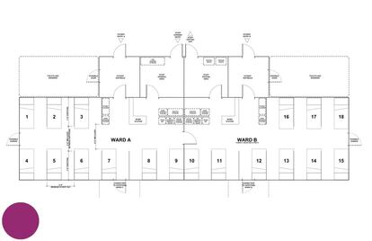 Plano para una posible organización de un hospital de emergencia para casos de enfermedades contagiosas, escalable según las necesidades. El documento señala cómo separar las zonas de pacientes graves (a la derecha, en el pabellón B), de los leves (pabellón A), cómo dividir las entradas y salidas de personal (en el centro), que deben estar preaparadas para quitarse y ponerse el equipo de protección respectivamente, de las de los pacientes. Indica también medidas de seguridad, como una separación mínima entre pacientes de dos metros de un lateral de la cama al mismo lateral de la del puesto vecino; una mampara separadora o un vinilo tensado entre puestos de 2,13 metros de longitud, o una distancia de 1,80 metros entre los pies de las camas que están enfrentadas. |