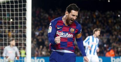 Messi celebra un gol con el Barcelona.