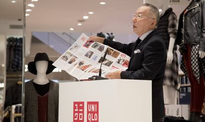 El empresario Tadashi Yanai, presidente y fundador de Uniqlo, el gigante de la moda japonés, durante la presentación de la tienda que abre mañana en Barcelona, su primera tienda en España, situada en la confluencia de paseo de Gràcia con Gran Via, con la que inicia su expansión en nuestro país, donde ha anunciado que abrirá otra tienda en Glòries el 9 de noviembre y quiere también tener otra en Madrid. EFE/Marta Pérez