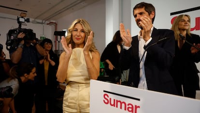 Madrid Yolanda Díaz, acompañada del portavoz Ernest Urtasun, antes de la  declaración sobre el acuerdo progresista alcanzado para concurrir a estas elecciones del 23-J por Sumar.