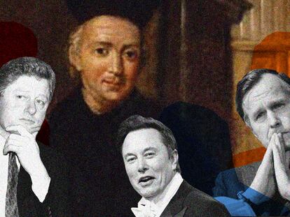Baltasar Gracian y tres de los poderosos a los que ha inspirado siglos después: Bill Clinton, Elon Musk y George Bush.