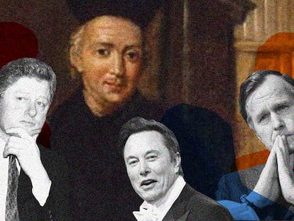 Baltasar Gracian y tres de los poderosos a los que ha inspirado siglos después: Bill Clinton, Elon Musk y George Bush.