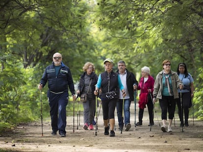 Un grupo de jubilados practicando senderismo en un parque de Valencia. 