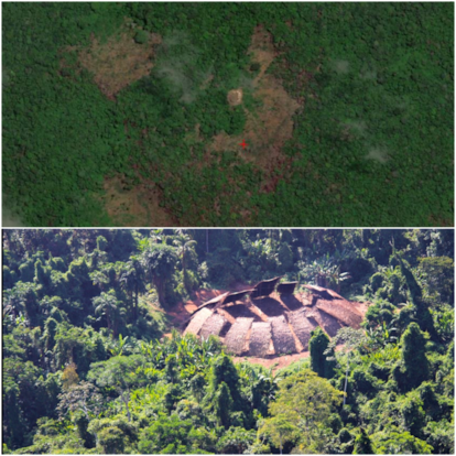 Na primeira imagem, a casa comunitária a partir do satélite. Abaixo, o registro aéreo da Funai dos Moxihatëtëma em 2020.