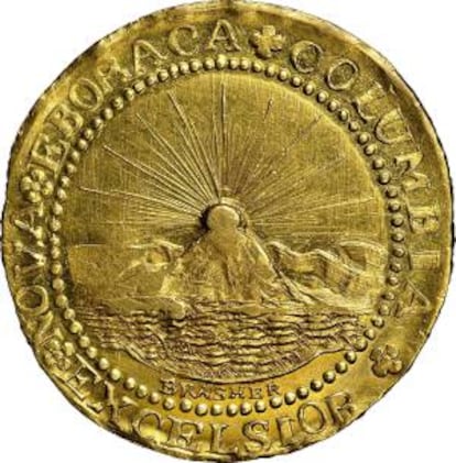 Fotografía cedida por Heritage Auctions de un doblón de oro de 1787, el primero acuñado en Estados Unidos, y que tendrá un precio de salida de 3,6 millones de dólares durante la subasta pública que tendrá lugar en Orlando (centro de Florida) el próximo jueves.