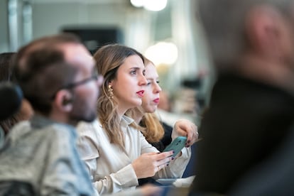 Irene Montero, en un desayuno informativo en Madrid este lunes. 