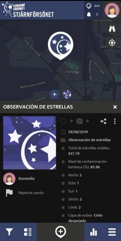 Captura de pantalla de La App 'CuentaEstrellas' dónde son visibles los datos recopilados de un usuario.
