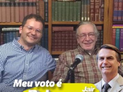 Carlos Nadalim ao lado de Olavo de Carvalho com um filtro declarando seu voto ao atual presidente Jair Bolsonaro. A foto foi retirada da página do Facebook de Nadalim.